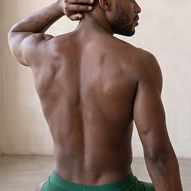Homem de costas com destaque para a pele da região dorsal.